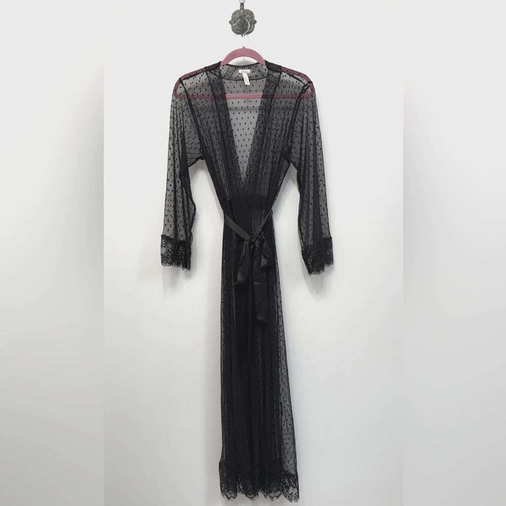 Soma Delicate Black Sheer Lace Mesh Polka Dot Robe Long Satin Tie Women’s S/M